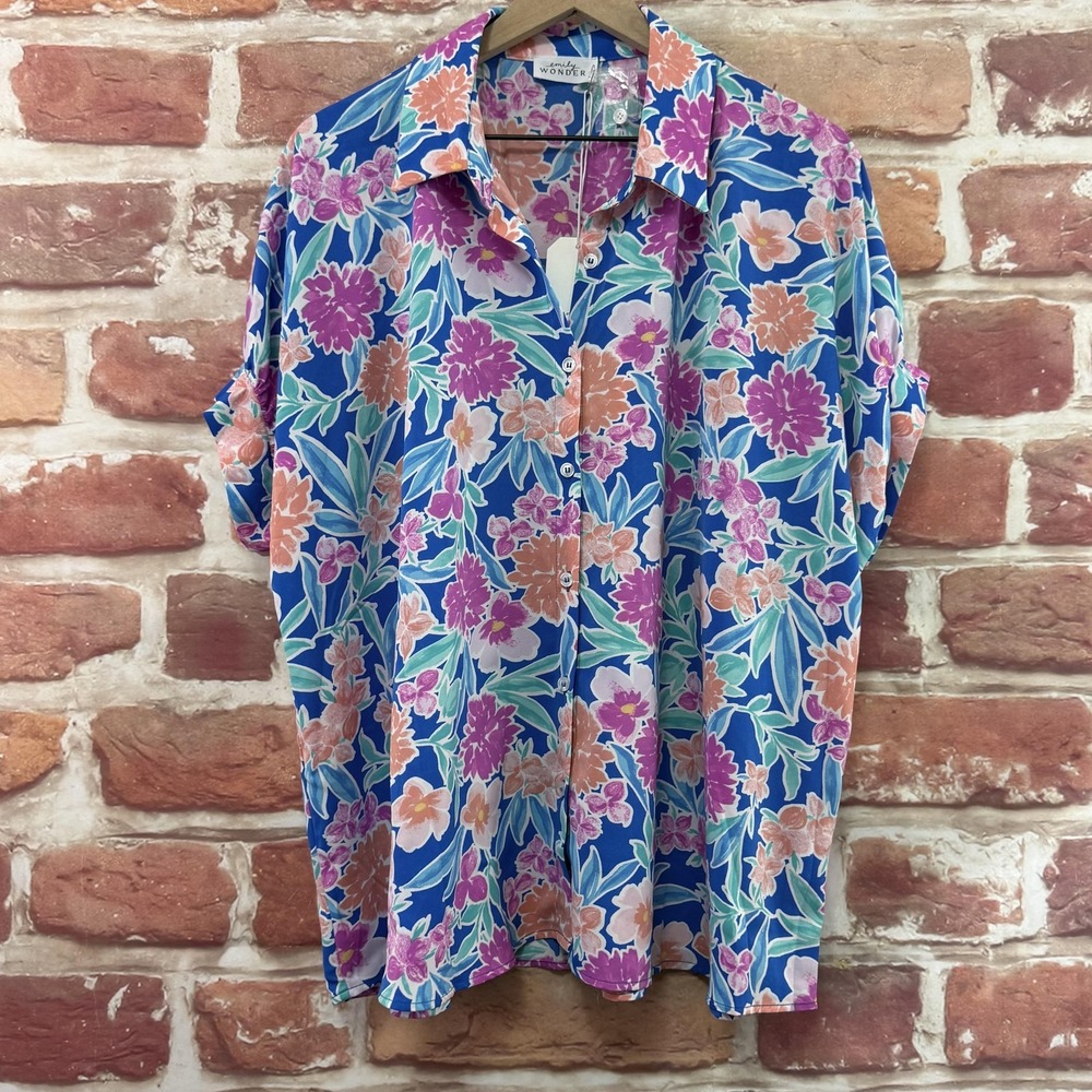 Emily Wonder Top Women's Large Multicolor Garden Floral Button Up Shirt